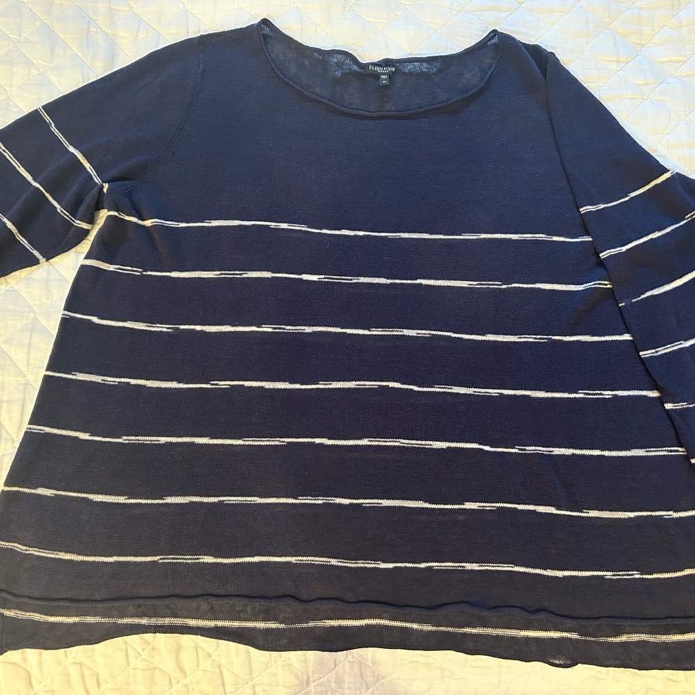 Eileen Fisher 3x Pullover sweater -100% organic linen Navy with white stripes.